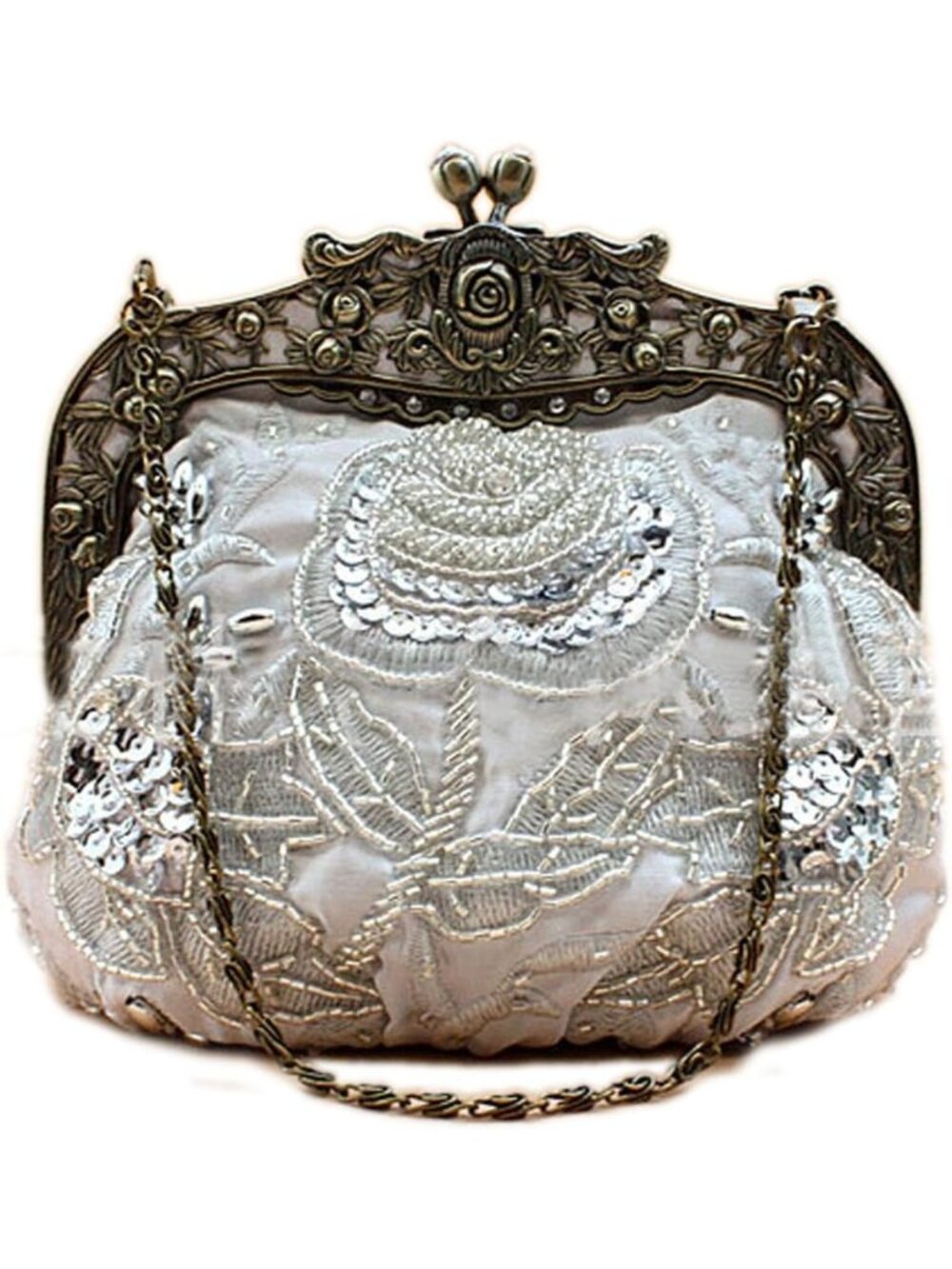 New Women's Vintage Luxury Style Beaded Sequin Flower Evening Handbag - Silver